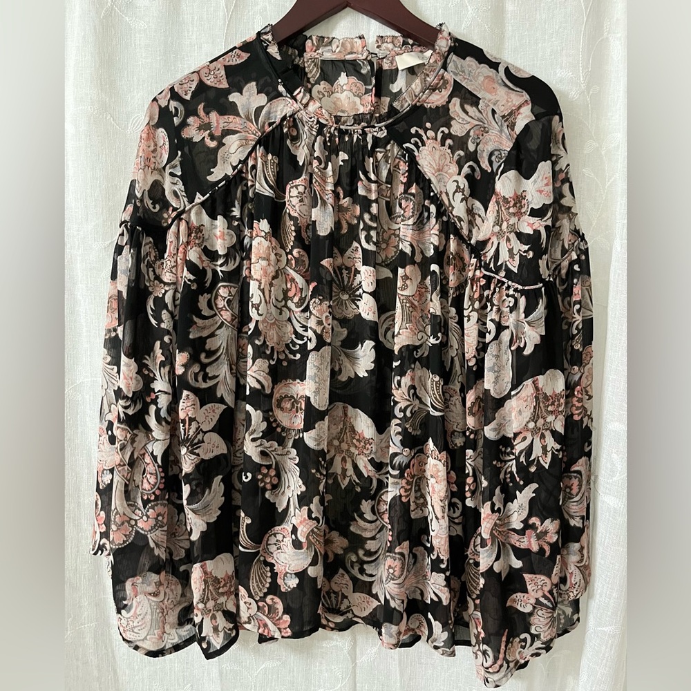 LOFT Black and Pink Floral Blouse Size Large